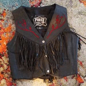 Leather Fringe With Red Rise Accents Vest